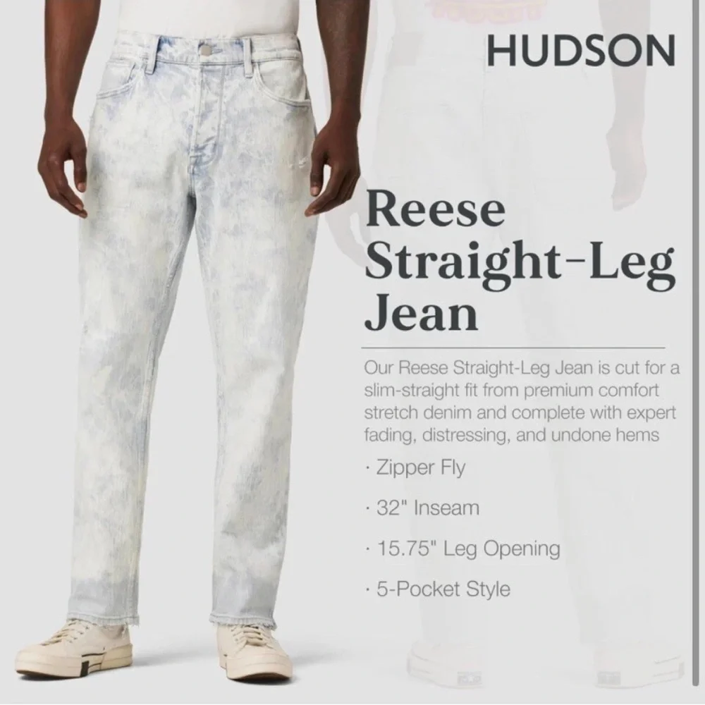 HUDSON Men’s Reese Straight Leg White Acid Wash Jean, Size 30